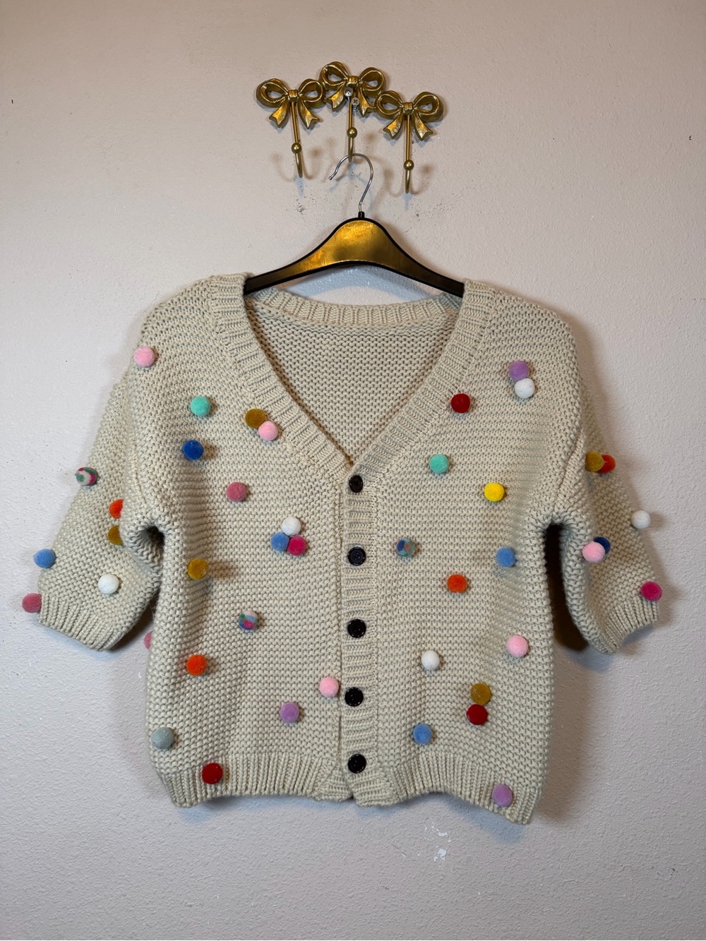 Cream Multi-Colored Pom-Pom Button Front Cardigan Short Sleeve Sweater. Size S